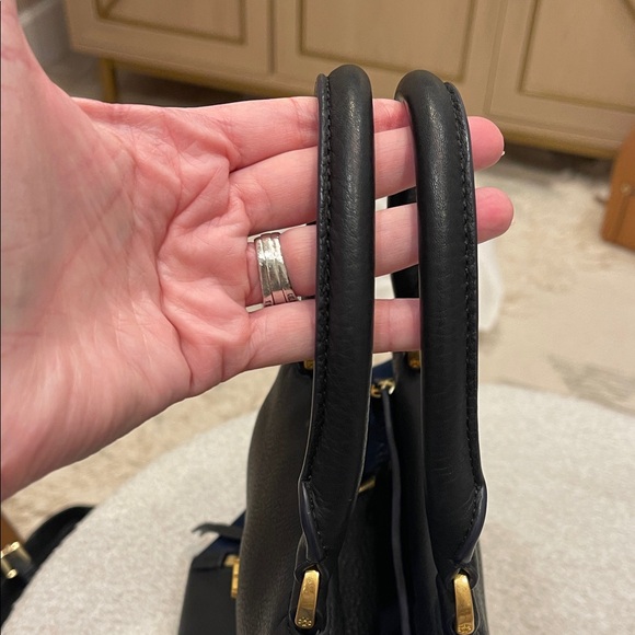 Tory Burch Black Leather & Blue Suede Half Moon Satchel - Picture 3 of 8